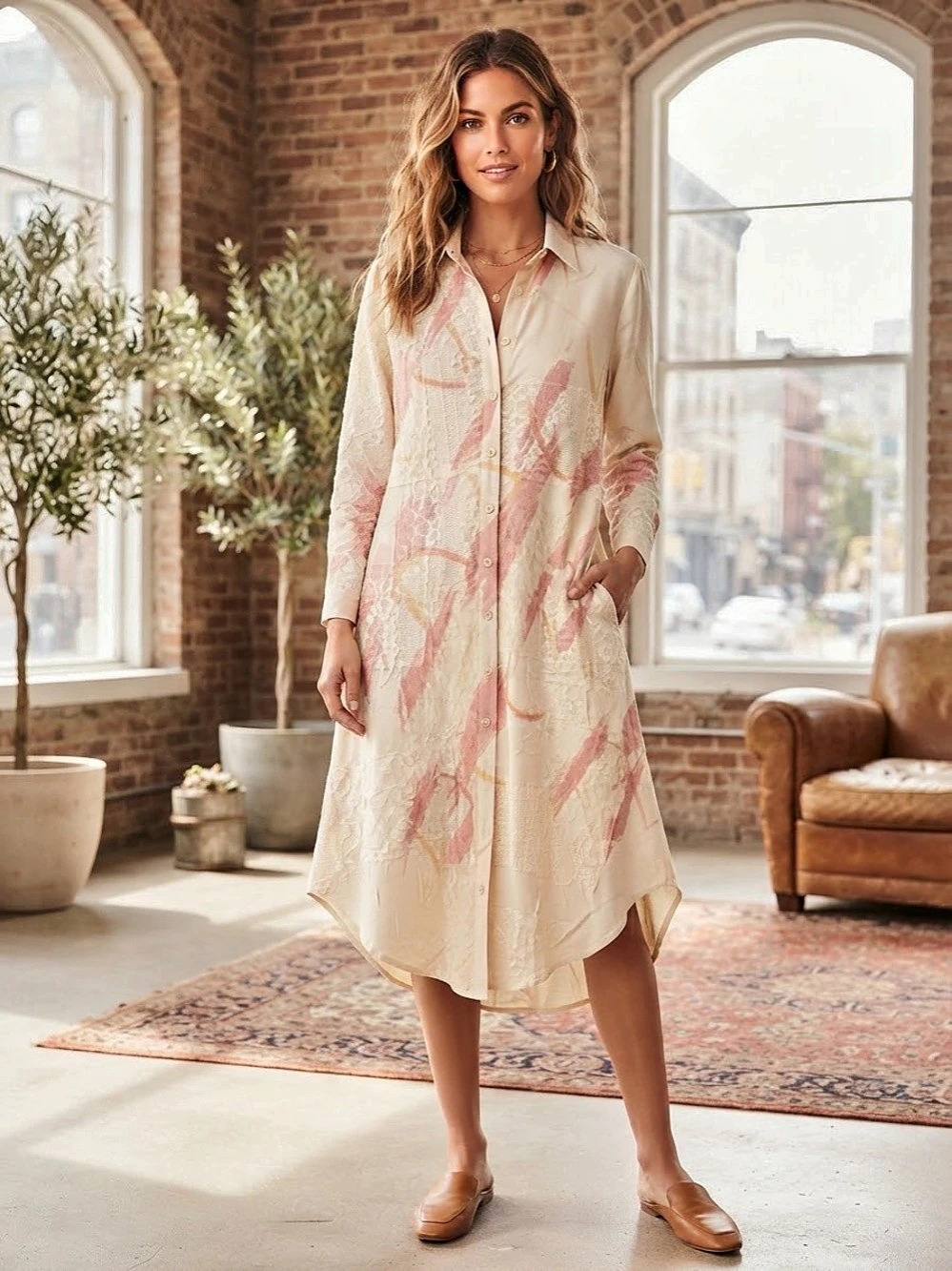 ORIGAMI Abstract Midi Dress in Cream & pink With Lace Detailing